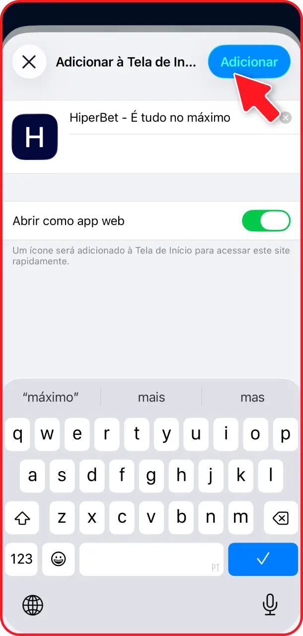 Pressione o botão para confirmar instalação rápida do arquivo PWA no Hiperbet app.
