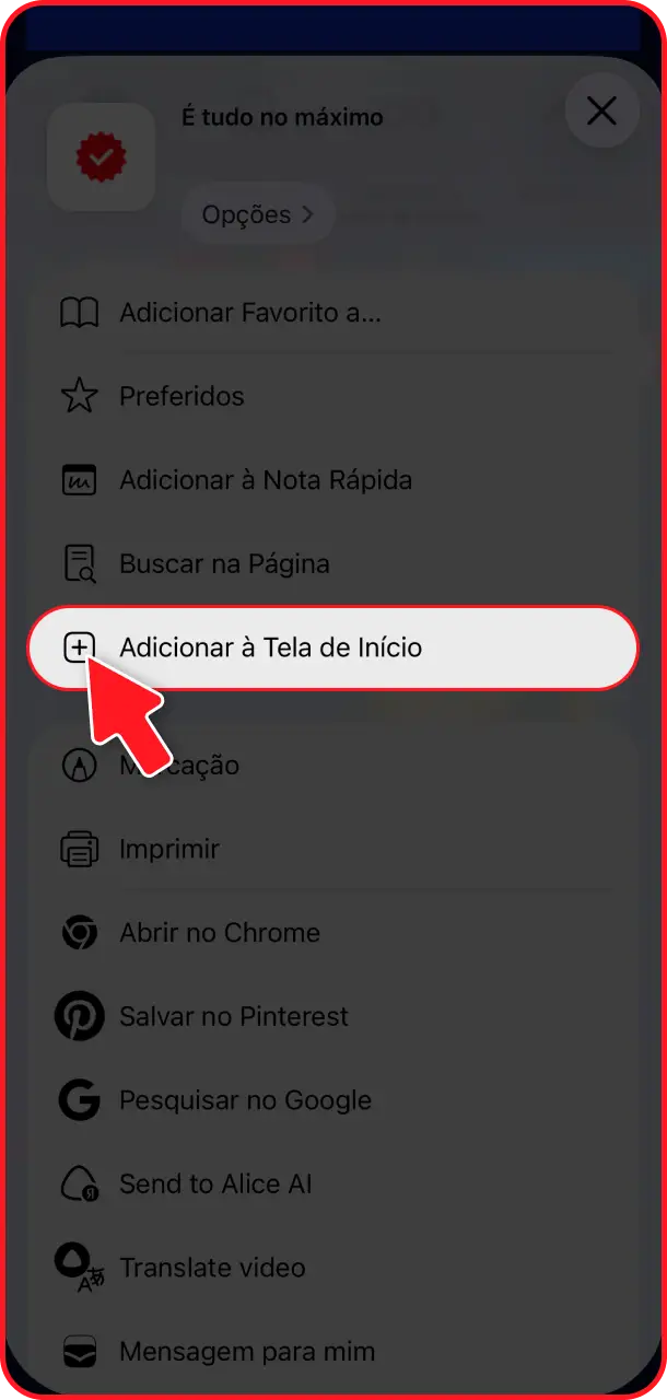 Toque na opção adicionar à tela de início para criar o atalho do Hiperbet app.