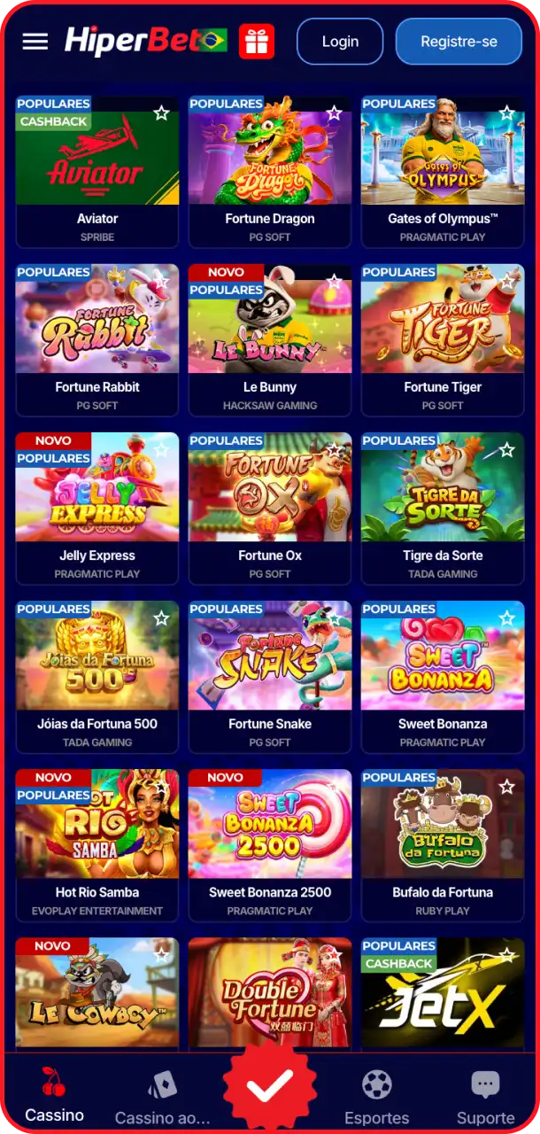 Conheça a aba de jogos de cassino no Hiperbet app para celular.