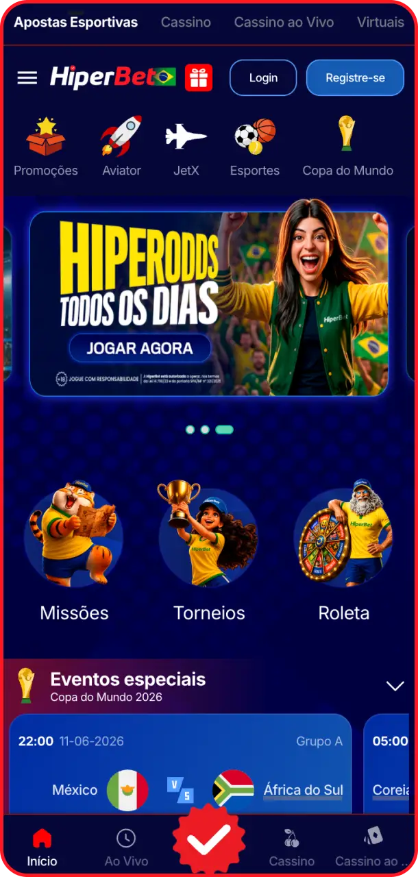 Visualize o menu da tela principal para navegar facilmente no Hiperbet app.
