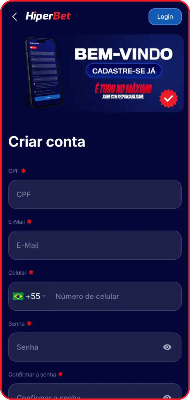Toque no botão azul para abrir o formulário e registrar no Hiperbet app.