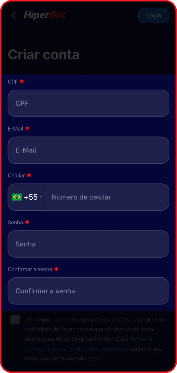 Insira suas informações pessoais de maneira correta no formulário do Hiperbet cadastro.