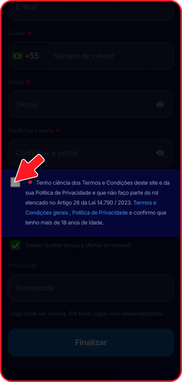 Aceite os termos e condições de uso obrigatórios no portal Hiperbet cadastro.