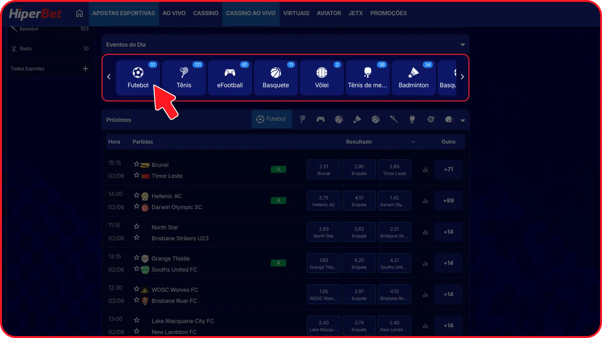 Escolha o esporte ou competição de sua preferência no menu Hiperbet main.
